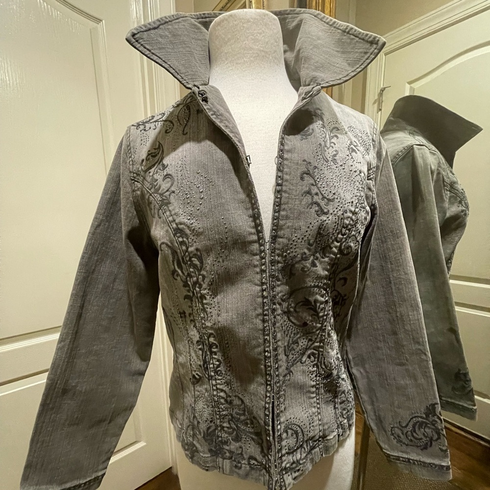 Chico's Gray Embroidered Jean Jacket
